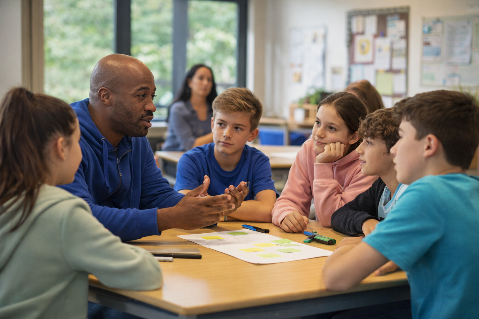Coach in gesprek met jongeren op het veld